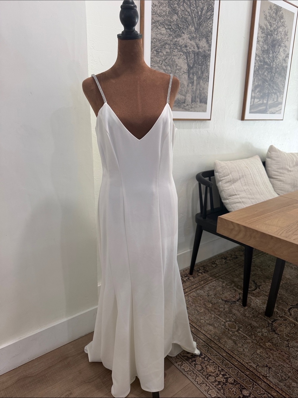 Xscape White Satin Maxi Dress with Crystal Straps